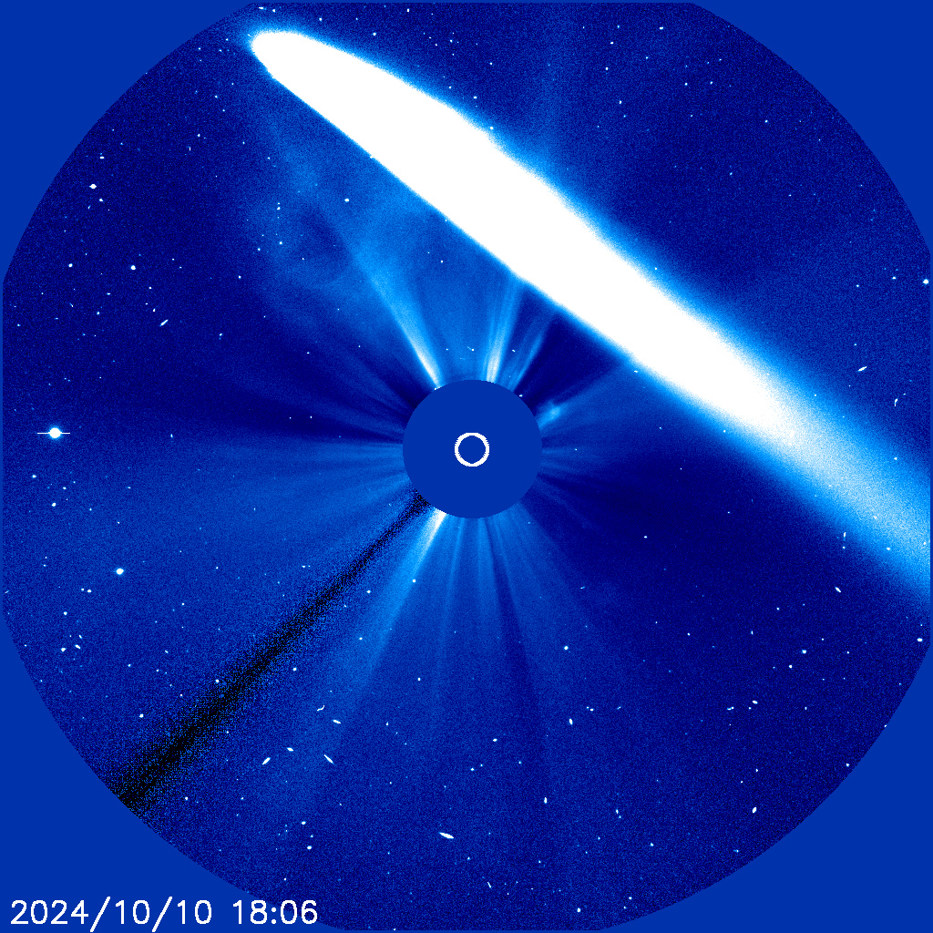 A long, white, overexposed comet tail stretches from the upper left to the lower right against a circular blue background scattered with stars. At the center is a blank blue disk with a white circle representing the Sun. A time stamp at the bottom reads 2024/10/10 18:06.