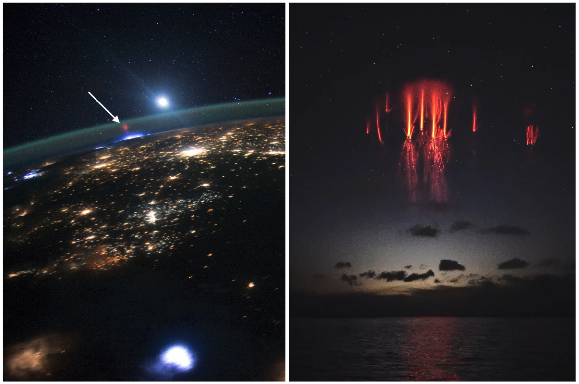 The image is split in two. On the left, a photograph taken from space shows the Earth at night, illuminated by city lights and lightning strikes. Above the horizon, a red sprite is faintly visible, marked by an arrow, with the Moon shining brightly in the background. On the right, another view of red sprites is captured from the ground, showing long, red tendrils reaching down from the sky during a stormy night, above a body of water with clouds faintly visible.