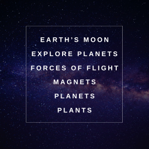 Dark sky background with list of the new VALUE Bundle themes, Earth’s Moon, Explore Planets, Forces of Flight, Magnets, Planets, and Plants.