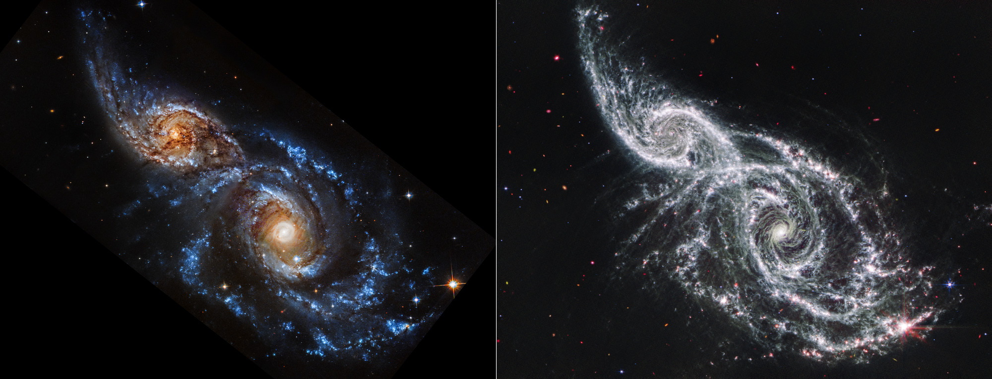 Two views of the same object are shown side by side, split evenly. The Hubble observation is at left, and the Webb observation is at right. Both show an angled pair of spiral galaxies, IC 2163 at top left, and NGC 2207, at bottom right. IC 2163 is smaller than NGC 2207, and they appear to be overlapping at the center diagonal. In the Hubble image, the galaxies’ cores appear white at the center, and more orange overall. Both galaxies have bright blue spiral arms, and are interlaced with dark brown, irregular dust lanes. Tiny galaxies and a few foreground stars dot the black background of space. There are no data along the bottom left, top right, and bottom right corners. In the Webb image, the galaxies’ cores appear bright white, transitioning to spiral arms that are also bright white, but flecked with pink dots. Tiny galaxies and a few foreground stars dot the entire black background of space.