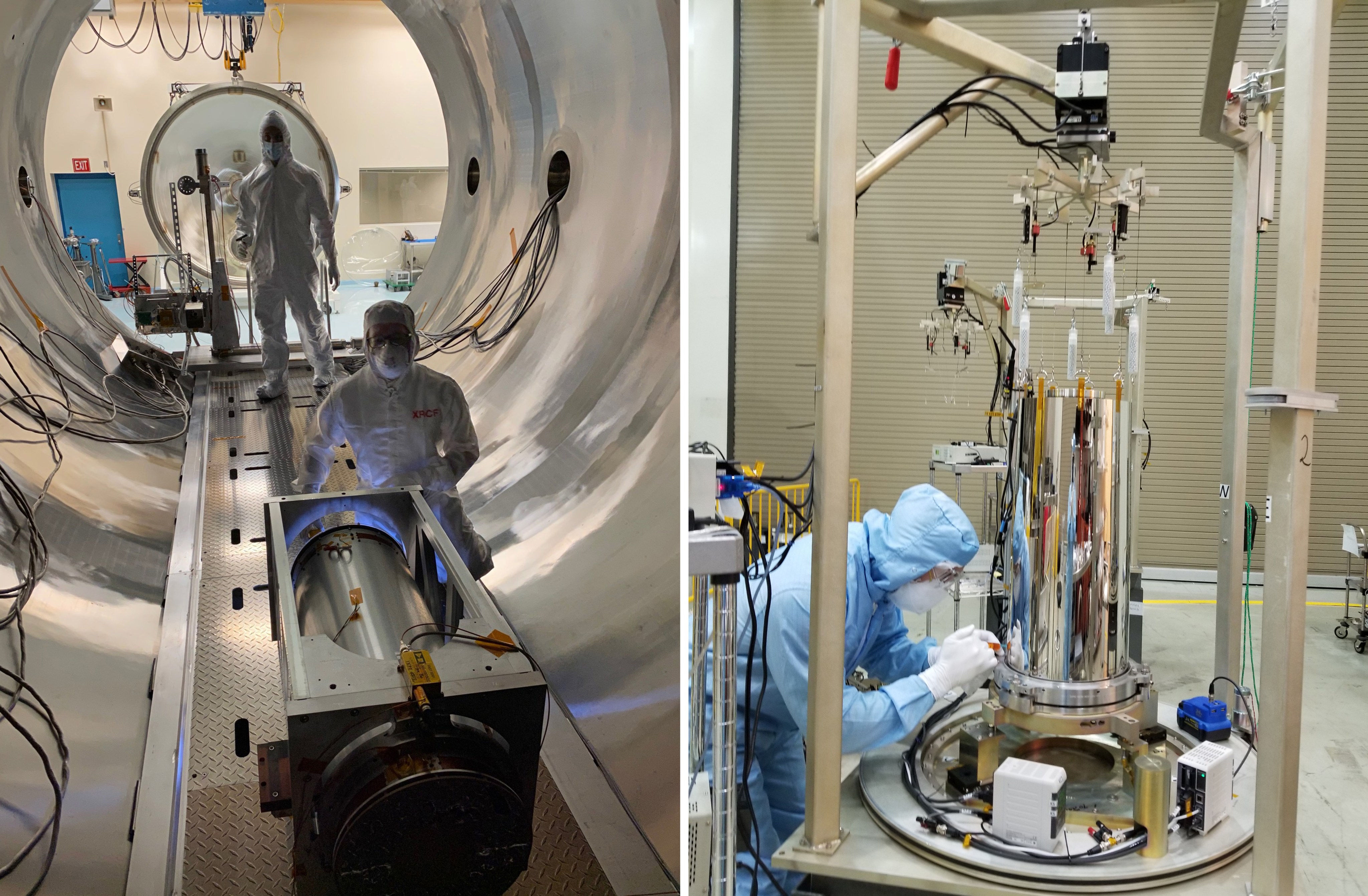 Left: two team members in white protective gear standing in a large tube; the individual in front is standing behind a large cylinder embedded in a rectangular case. Right: A team member in blue protective gear working on a large tubular-shaped device in a lab.