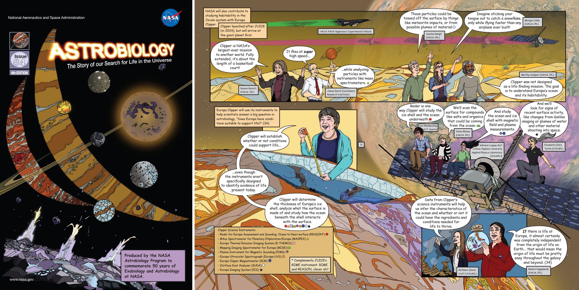 The left part of the image shows the cover of Issue 4. The title reads "Astrobiology: The Story of our Search for Life in the Universe." Crescents of Jupiter and Saturn can be seen agains a black backdrop. Moons of the giant planets float about in the darkness. The right of the image shows a two-page spread from the interior of of the graphic novel featuring Europa Clipper.