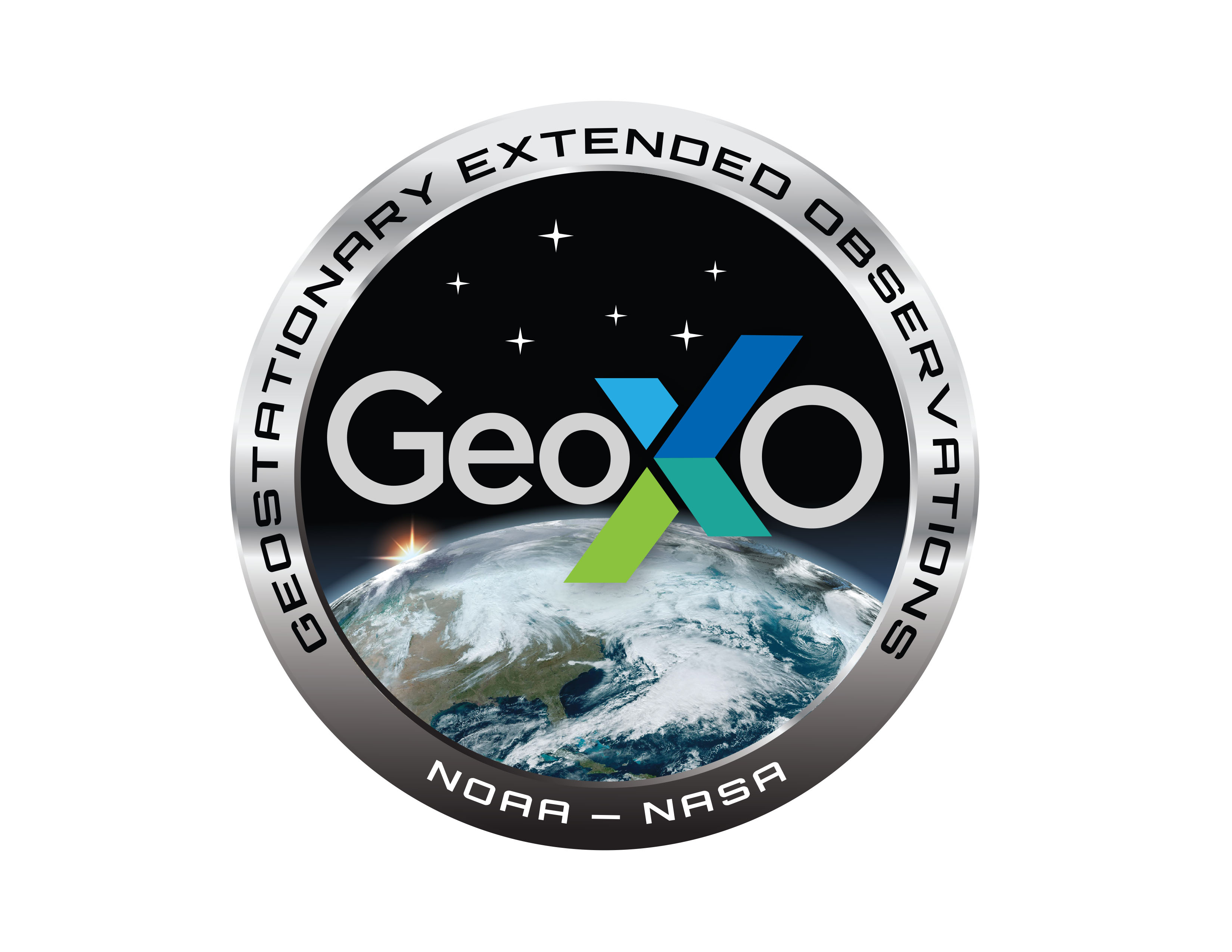 The GeoXO Mission Emblem is shown with the earth in center and the stylized logo type for GEOXO across the center surrounded by a chrome border with the full spellout of the mission acronym being Geostationary Extended Observations.