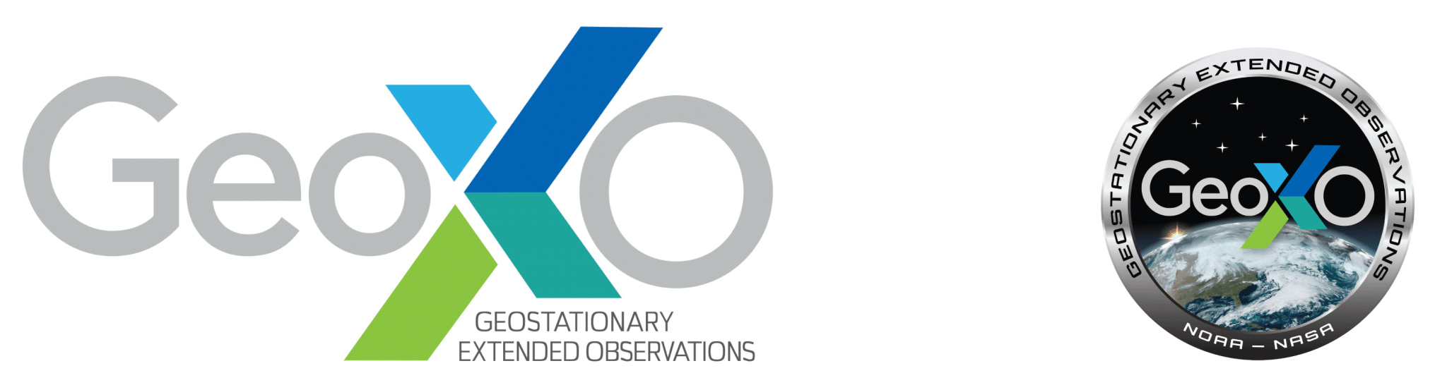 Banner with GeoXO logo type and the Mission Emblem shown with the earth in center and the stylized logo type for GEOXO across the center surrounded by a chrome border with the full spellout of the mission acronym being Geostationary Extended Observations.