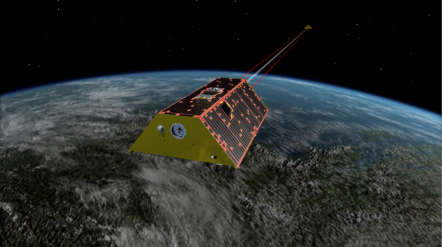 An angular statellite orbits high over the earth in an artists ipression of the GRACE mission. A radar and laser beams link the satellite to a companion satallite far in the distance.