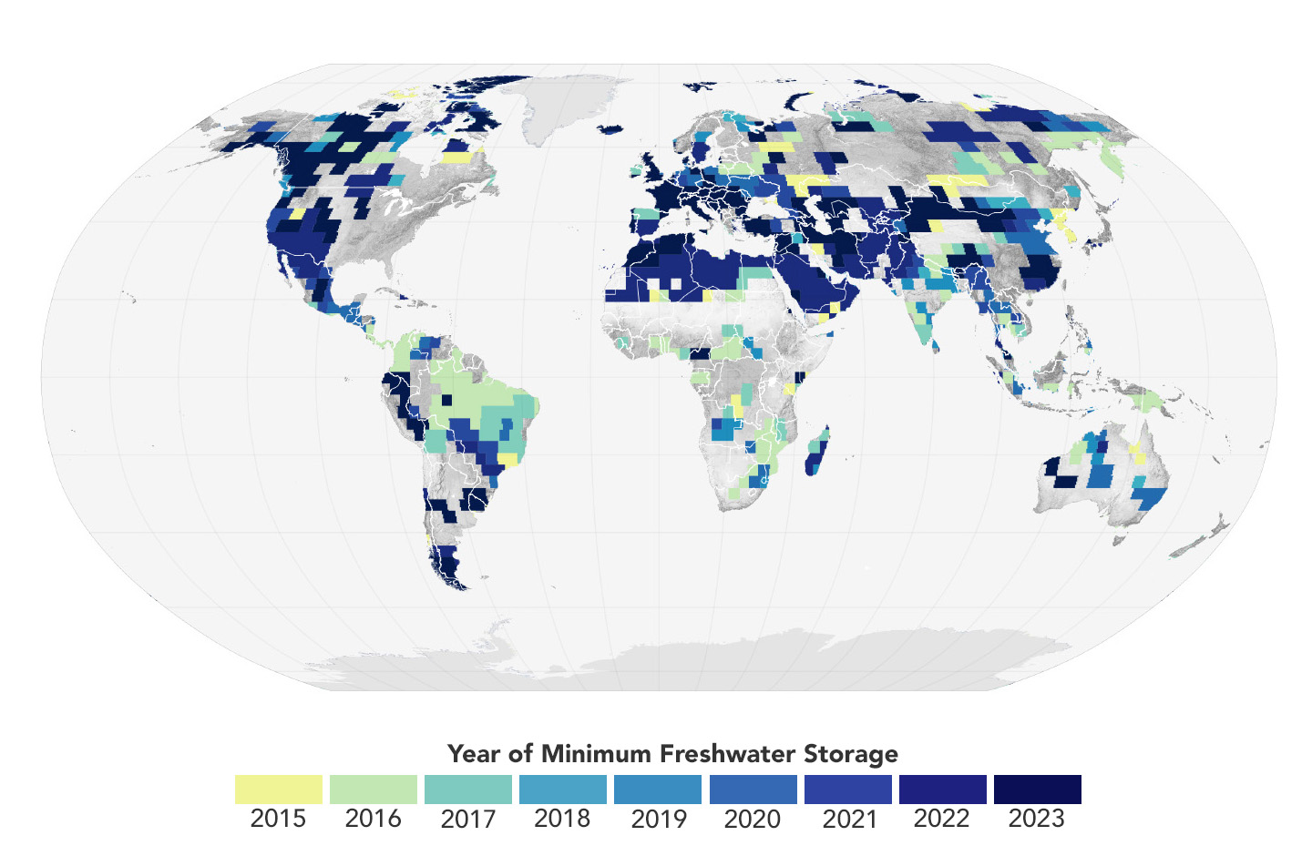 Blocks of color on a map of the Earth show where freshwater levels reached their minimum levels over the last 22 years. Darker blocks indicate more recent water loss.