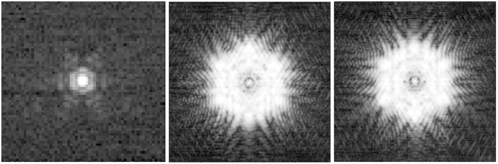 This image is composed of three square panels in a row, taken by one of the James Webb Space Telescope’s onboard instruments known as the Near Infrared Camera. Each of the three panels contains their own different image that are set on a black background. The panel on the left has a small very blurry, and pixelated white and gray hexagon at the center. From each of the flat surfaces of the hexagon, a small gray and pixelated triangle with its tip facing away, totaling six gray pixelated triangles pointing away from the central hexagon. This picture is ‘selfie’ using a specialized ‘pupil imaging’ lens, designed to take images of the mirror segments and not of the sky. The central panel shows the 18 hexagons of Webb’s primary mirror, akin to the hexagons of a beehive in bright white and gray, but are intentionally defocused and very blurry and pixelated. From the edges of the outer hexagons, light white and gray streak extend nearly all the way to the edge of the picture. The panel on the right is very similar to the image in the center panel, but the hexagon at the very center has black dots at each of the sixe points of the hexagon. At the outer edges it also has streaking blurry gray and white lines that emanate away from the center towards the edge of the picture