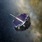 The IMAP spacecraft with a boom extending from one side of its body, depicted in space against a background of stars and cosmic dust