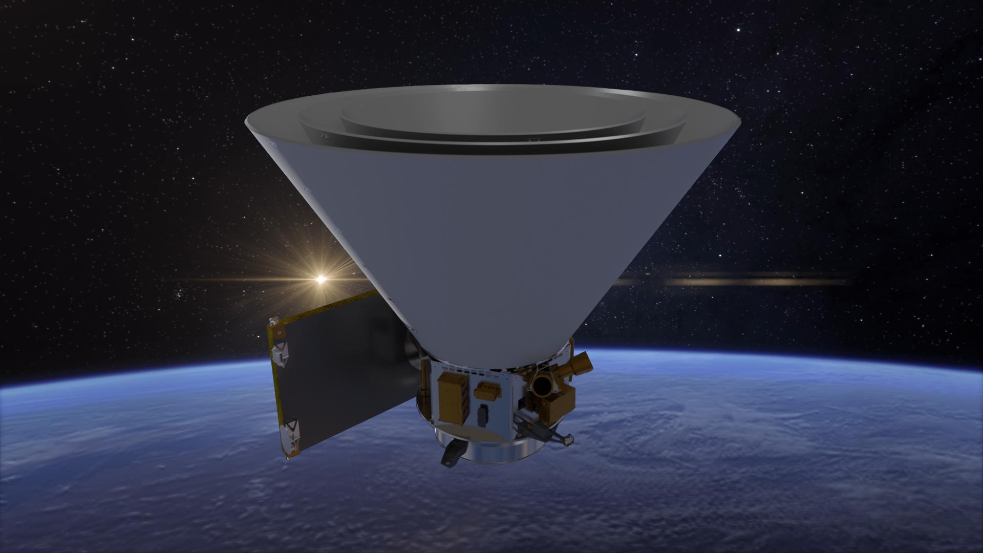 NASA's SPHEREx mission will operate in low Earth orbit, detecting hundreds of millions of stars and galaxies and creating the first all-sky spectroscopic survey in the near-infrared. This artist's concept shows the spacecraft and its distinctive conical photon shields, which protect SPHEREx's telescope from infrared light and heat from the Sun and Earth.