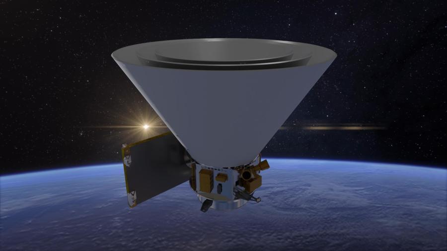 NASA's SPHEREx mission will operate in low Earth orbit, detecting hundreds of millions of stars and galaxies and creating the first all-sky spectroscopic survey in the near-infrared. This artist's concept shows the spacecraft and its distinctive conical photon shields, which protect SPHEREx's telescope from infrared light and heat from the Sun and Earth.