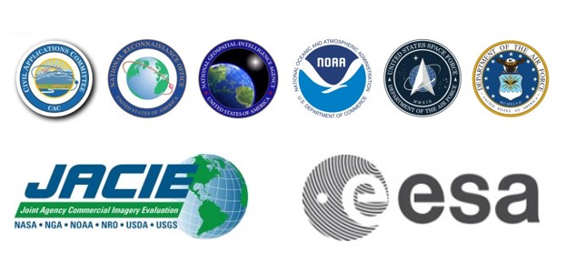A collection of the logos of the CSDA program's federal and international partners. Shown here are the logos for including the Civil Applications Committee, National Geospatial-Intelligence Agency, National Oceanic and Atmospheric Administration, National Reconnaissance Office, U.S. Department of Agriculture, U.S. Geological Survey, United States Space Force, the United States Air Force, the Joint Agency Commercial Imagery Evaluation, and the