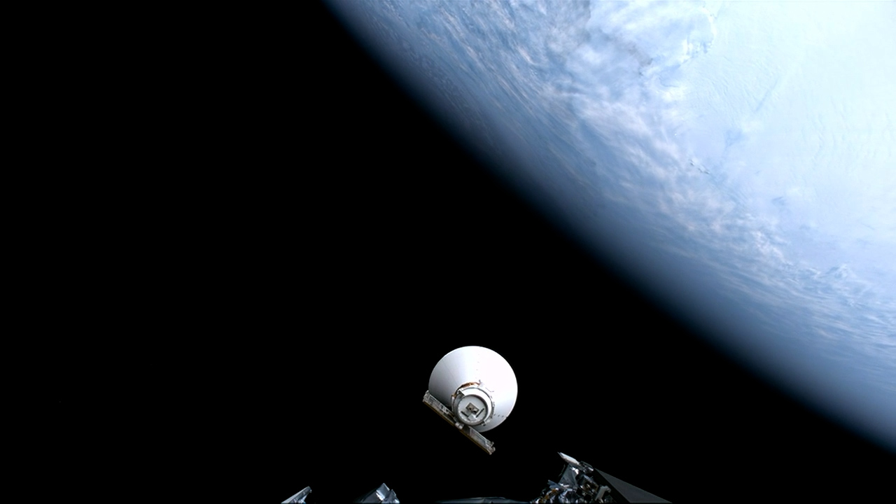 NASA’s SPHEREx (Spectro-Photometer for the History of the Universe, Epoch of Reionization and Ices Explorer) observatory separates from a SpaceX Falcon 9 second stage after launching from Space Launch Complex 4 East from Vandenberg Space Force Base in California on Tuesday, March 11, 2025.