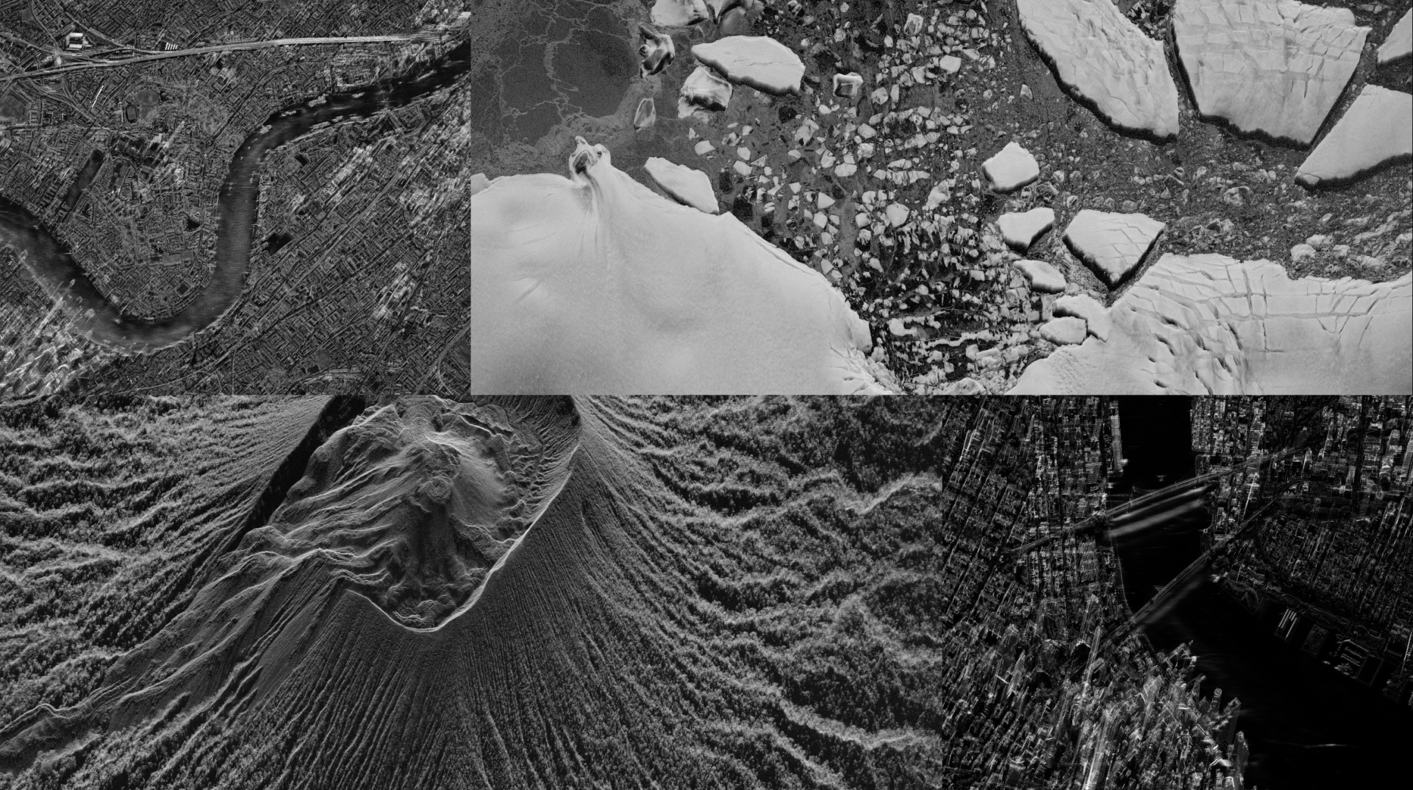 A mosaic of four SAR images collected by Umbra satellites shown in black-and-white. Top left corner showcases London, as the River Thames flows between the city scapes. The top right image is of the Antarctic, which pictures pieces of ice in various sizes breaking apart from what appears to be a glacier. The bottom left image is a high-resolution SAR image of the active volcano, Mount Ibu, in Indonesia. The bottom right image is New York City, which you can spot the Brooklyn and Manhattan bridge spanning across the East River waterfront.