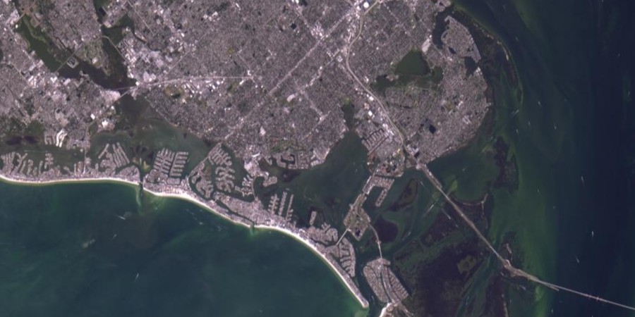 An optical image from the DESIS instrument aboard the International Space Station. The image shows the city of Tampa, Florida, part of the state's Emerald Coast in September 2023.