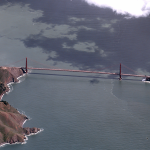 View of the Golden Gate Bridge from above, showing the reddish-brown bridge spanning between two pieces of land, with gray ocean covering most of the scene.