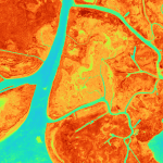 Multispectral Legion 5 image viewing of the Atchafalaya Delta using false color to show patterns of vegetation across coastal wetlands, river channels, and marsh ecosystems.