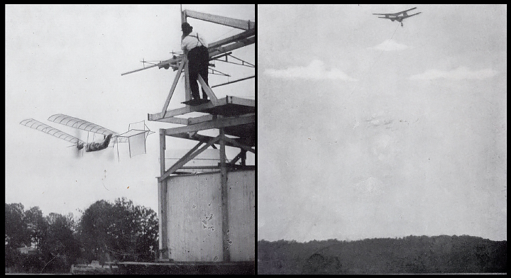 A pair of black-and-white photos taken on May 6, 1896. The image on the left shows a man wearing suspenders perched on a wooden platform on top of a houseboat with an aerodrome in flight near the front of the platform. The image on the right shows the silhouette of an aerodrome flying high above a dark forested horizon.