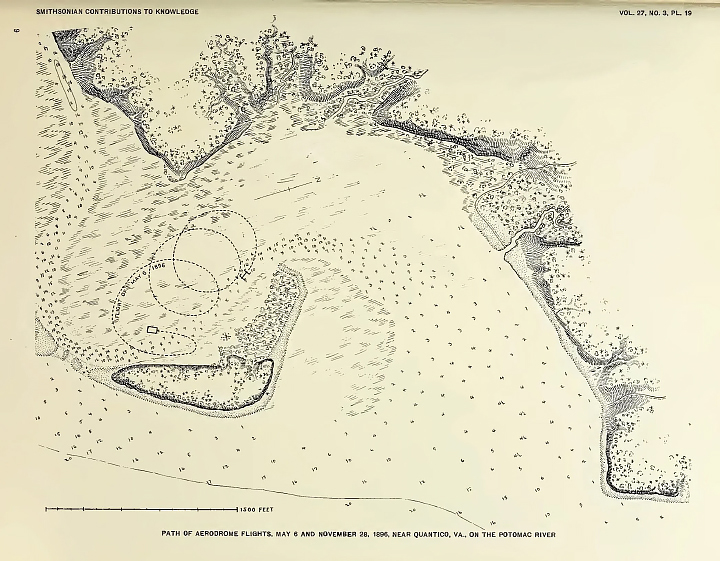 A historic map, published in 1911, shows a closer view of Chopawamsic Island. A small rectangle north of the island shows the location of the houseboat and a dotted spiraling line shows the path of the May 6, 1896 flight across the river's shallow water.
