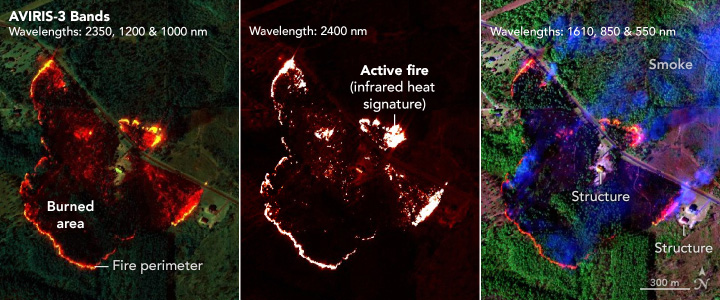 A row of three images shows different views of a fire burning southwest of Perdido, Alabama. The left image shows the most intense flames in yellow, which occur along much of the fire's perimeter. The middle image shows only infrared light, in which the hotspots and fire perimeter appear white. The right image shows the burned area and a plume of smoke billowing toward the northeast. Structures lie within and outside the fire perimeter.
