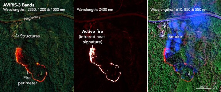 A row of three images shows different views of a fire burning near Mount Vernon, Alabama. The left image shows the relative intensity of burning with the most intense flames toward the top left near several structures. The middle image shows only infrared light, in which the hotspots and fire perimeter appear white. The right image shows the burned area and a plume of smoke billowing toward the north.