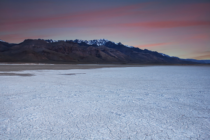 A photo from the floor of the Alvord Desert shows white, cracked mineral deposits and areas of tan sand in the foreground and snowcapped mountains in the background. The photo was taken in the early morning, and the wispy clouds in the sky appear pinkish.