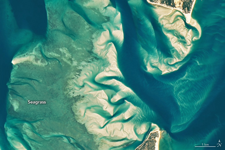 A detailed view of water around the southern part of the archipelago shows patches of tan sand and green seagrass. Deeper blue channels cut through the sandy areas.