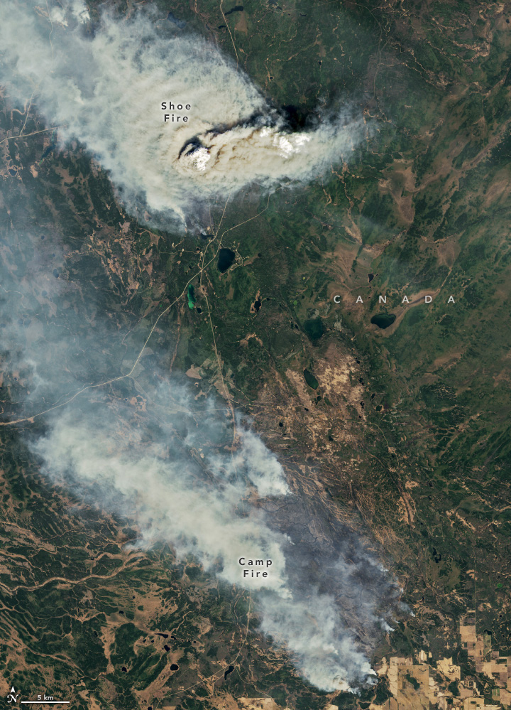 A wider view of the same image at the top of the page also shows a smoke plume from a second fire about 30 kilometers to the south. Areas where the forest has burned appear dark brown.