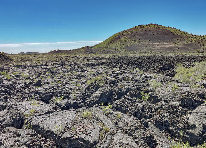 Lava rock with various smooth and rough textures fills the foreground of this sunny photo from Craters of the Moon National Monument, and a rounded hill (cinder cone) is farther away. Small plants grow amid the lava, and the cinder cone is partially tree-covered.