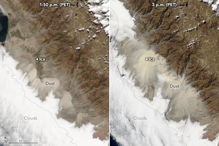 The same image from above is shown to the right of another satellite image of the same area acquired 70 minutes earlier. At that time, the dust covered a smaller area closer to shore, and the city of Ica remained visible.