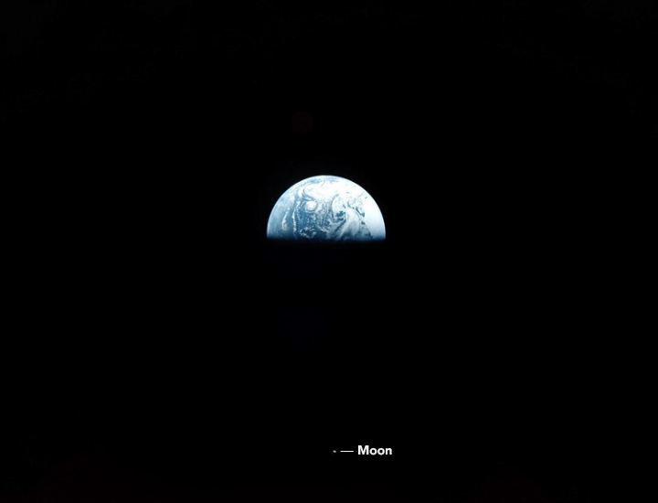 A photograph taken while the Blue Ghost mission was en route to the Moon shows oceans and clouds in part of Earth's Southern Hemisphere and the Moon as a small speck in the foreground.