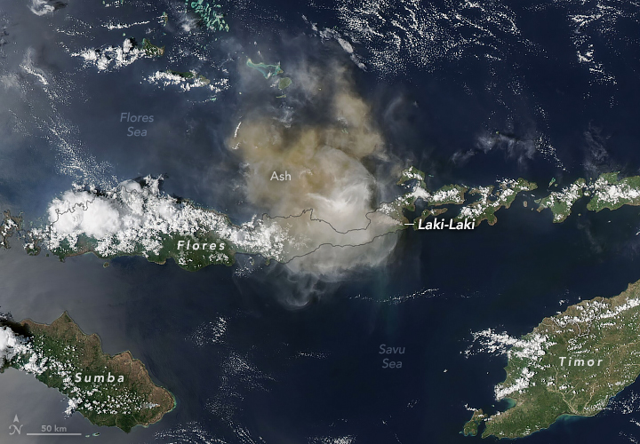 This Aqua satellite image shows a more diffuse, darker volcanic plume over Flores (an island in Indonesia) on November 9, 2024.