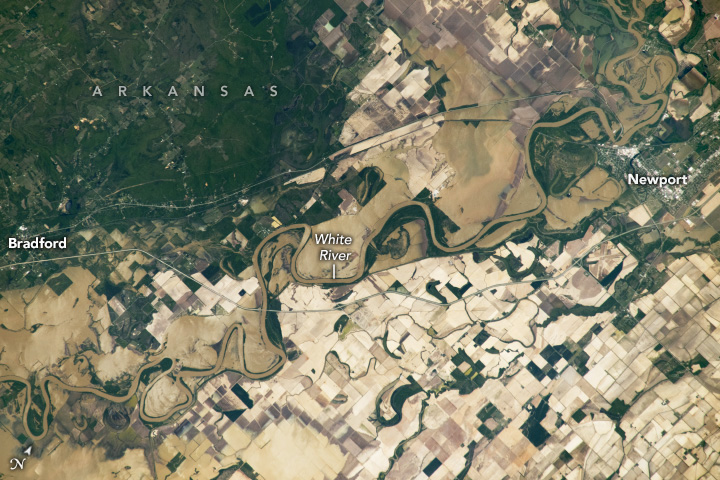 Muddy water has spilled over the banks of the White River in a natural-color astronaut photograph. Forests (green) are visible west of the river. Farmland (brown) is visible to the east.