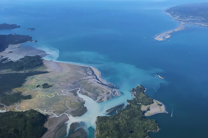 In this aerial photograph, cloudy water from the Wosnesenski River enters Kachemak Bay across from the Homer Spit on Aug. 28, 2021. Sediment-laden runoff from the Wosnesenski Glacier forms the brown, turbid plume as it spreads from the river mouth into the blue waters of the bay.