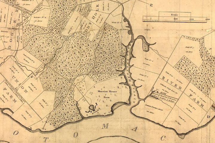 An 1801 map of Mount Vernon from a drawing provided by George Washington. Four other farms that were part of Washington’s land holdings are situated around Mount Vernon.