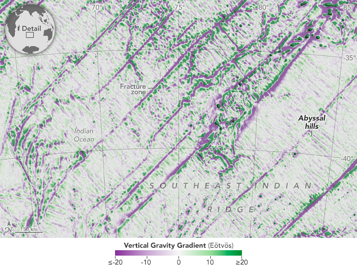 A detailed view of the southern Indian Ocean is overlaid with gravity information that indicates the location of depressions (purple) and elevated features (green) across the seafloor. Abyssal hills appear as parallel green stripes across much of the image. Numerous fracture zones also show up as purple lines.