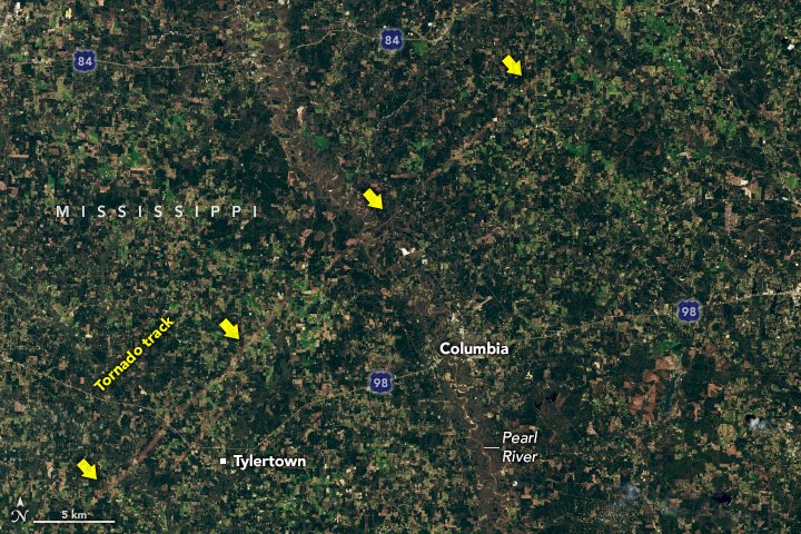 A wider view of the same image shows more of the tornado damage tracks. One of them appears to extend for roughly 55 miles (90 kilometers).
