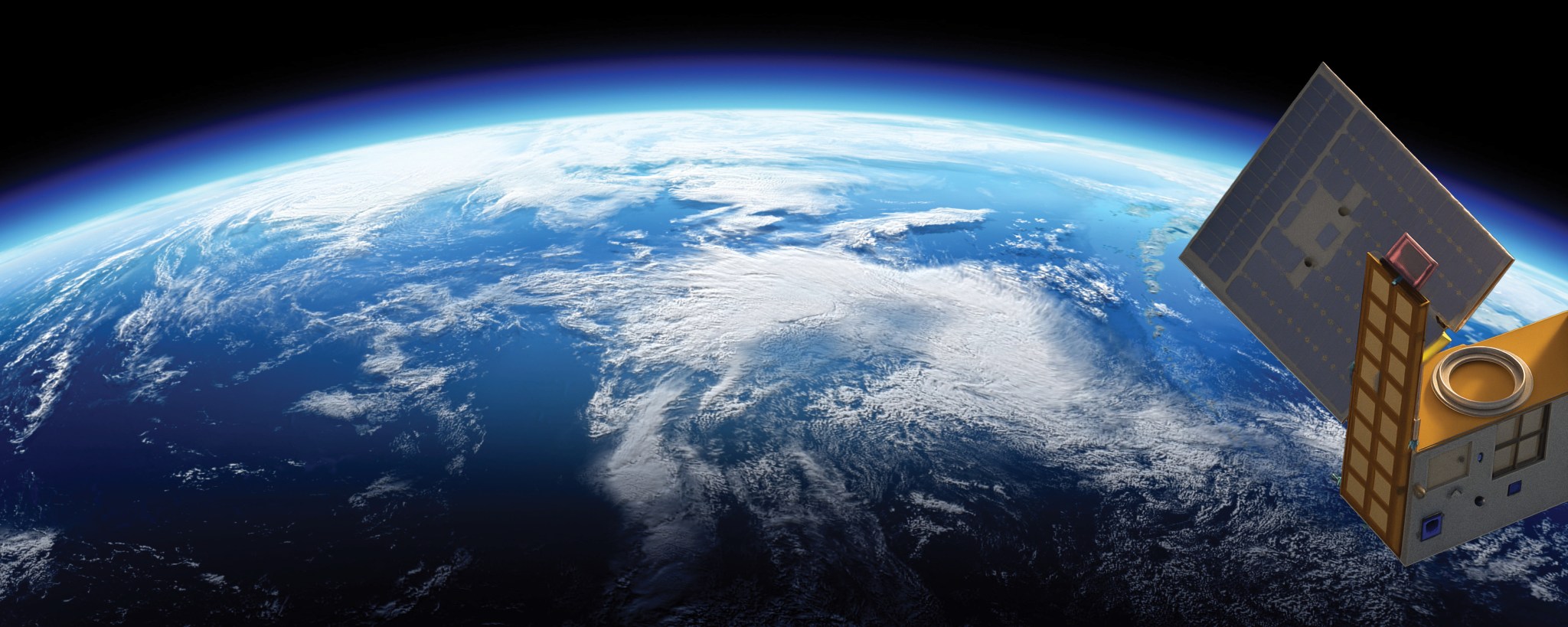 A satellite in orbit looks down across Earth and space