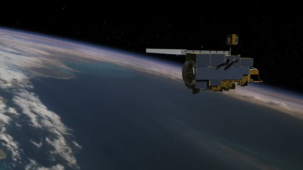 artist concept of Terra satellite in space with limb of Earth in background