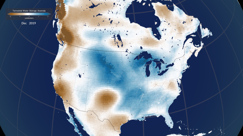 Monthly Terrestrial Water Storage Anomaly over North America from January 2003 through December 2019.