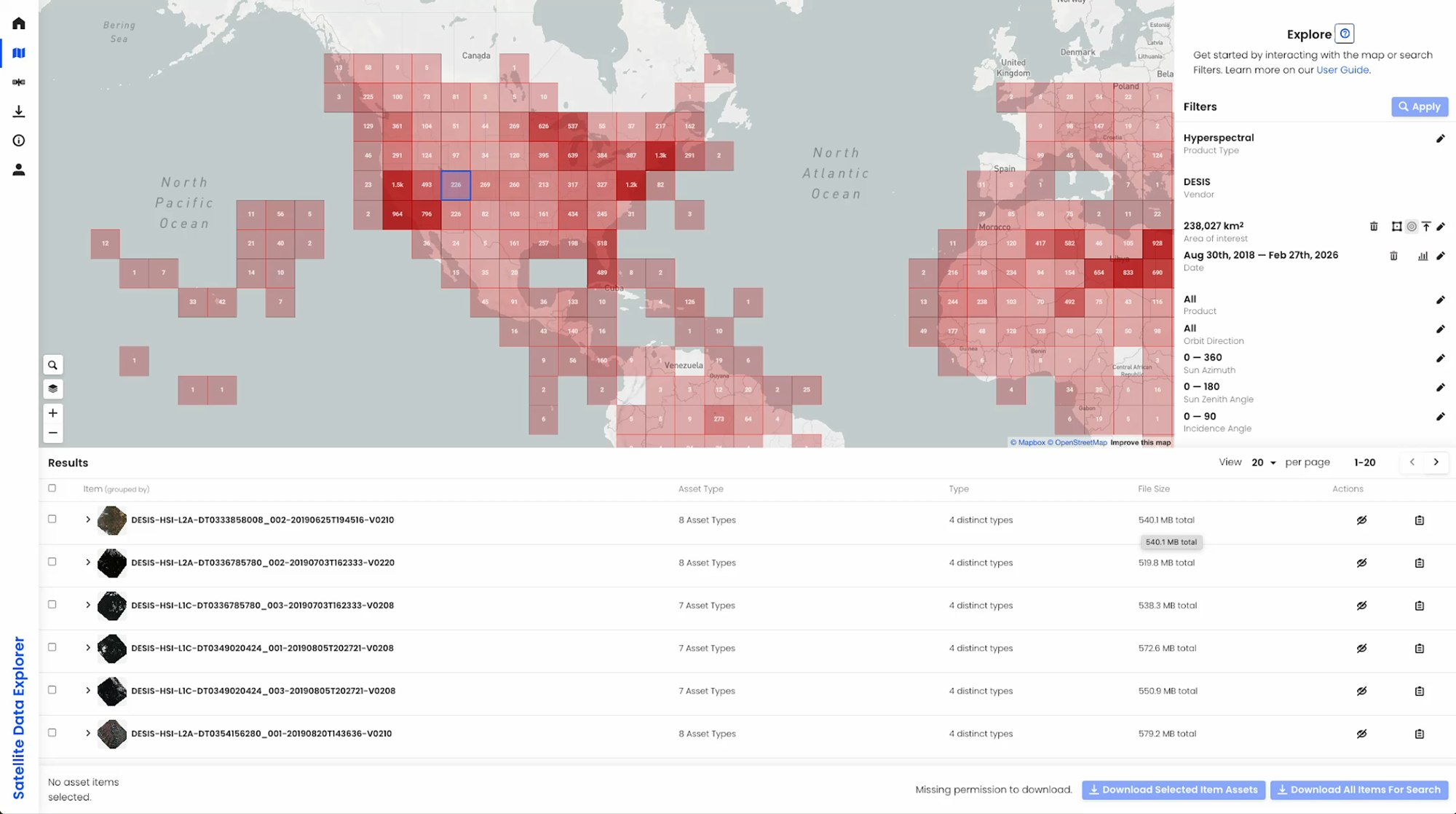 A screen capture of the Satellite Data Explorer interface showing the users search parameters, amount of available imagery, and thumbnail images available in the system.