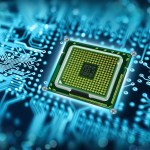 A stock illustration of a processor chip on a blue circuitboard