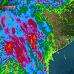 GEOS visualization showing 24-hour precipitation accumulation across Texas, June 30 - July 5, 2025, with Hunt City marked where extreme rainfall triggered catastrophic Guadalupe River flooding.