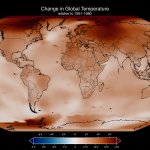Global air surface temperature anomalies for the year 2025 relative to a baseline period of 1951-1980.