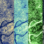 Five panel Pixxel commercial satellite false-color imagery composites of the Ganga River Delta, India. These images showcase various RGB band combinations across the Visible and Near-Infrared spectrum that can be used to monitor both soil moisture and vegetation health.
