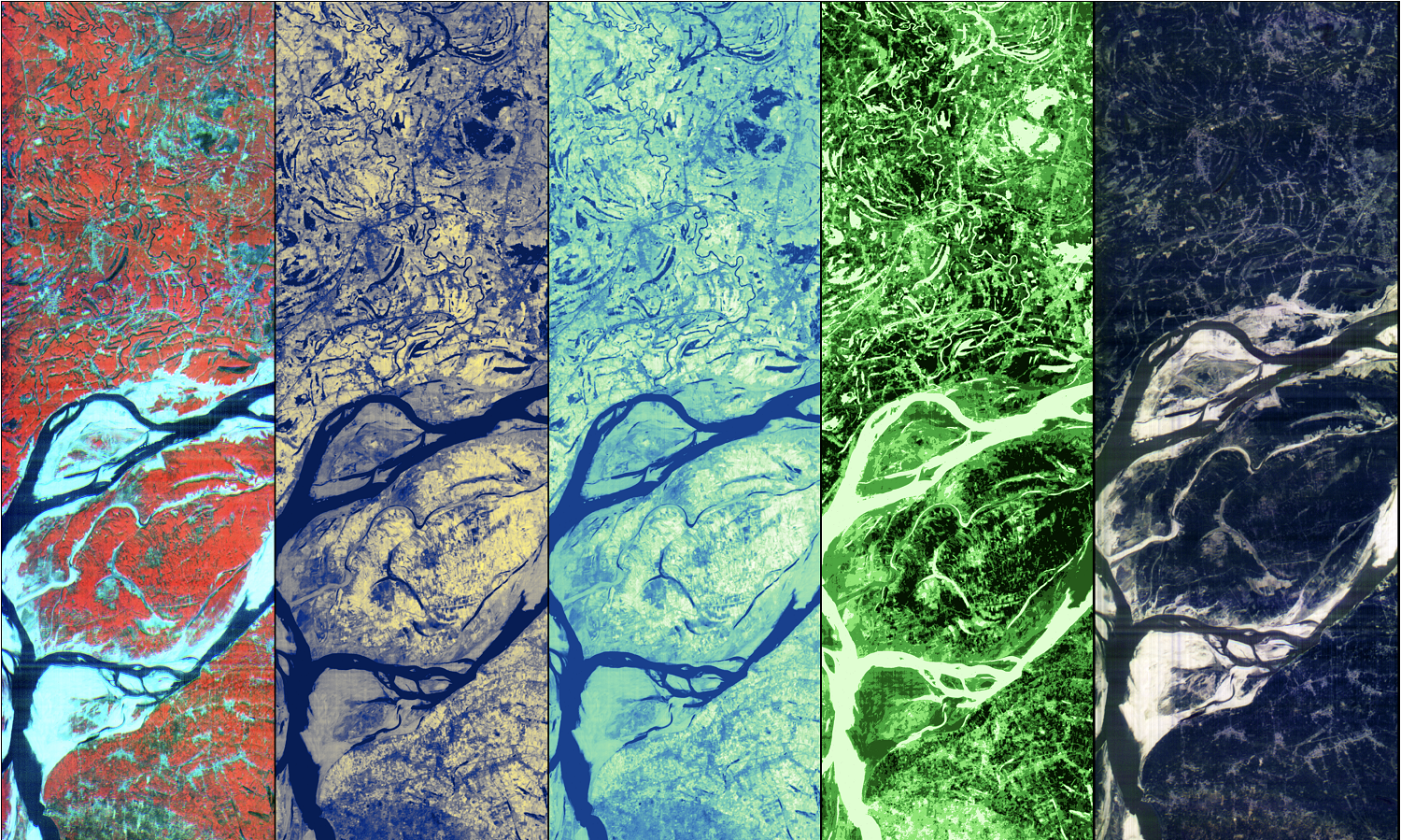 Five panel Pixxel commercial satellite false-color imagery composites of the Ganga River Delta, India. These images showcase various RGB band combinations across the Visible and Near-Infrared spectrum that can be used to monitor both soil moisture and vegetation health.
