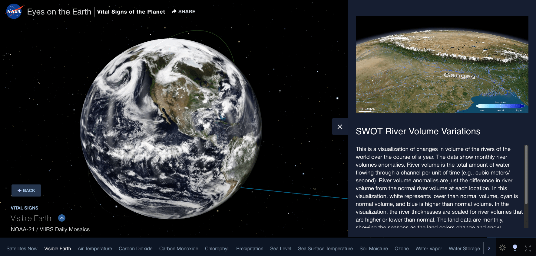 An image of the web application Eyes on the Earth, specifically showing the SWOT river reach video location.