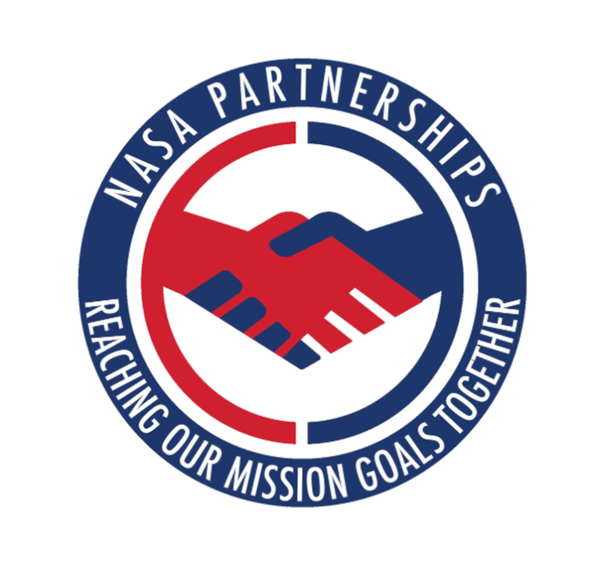The NASA Partnerships icon- a handshake surrounded by two circles.