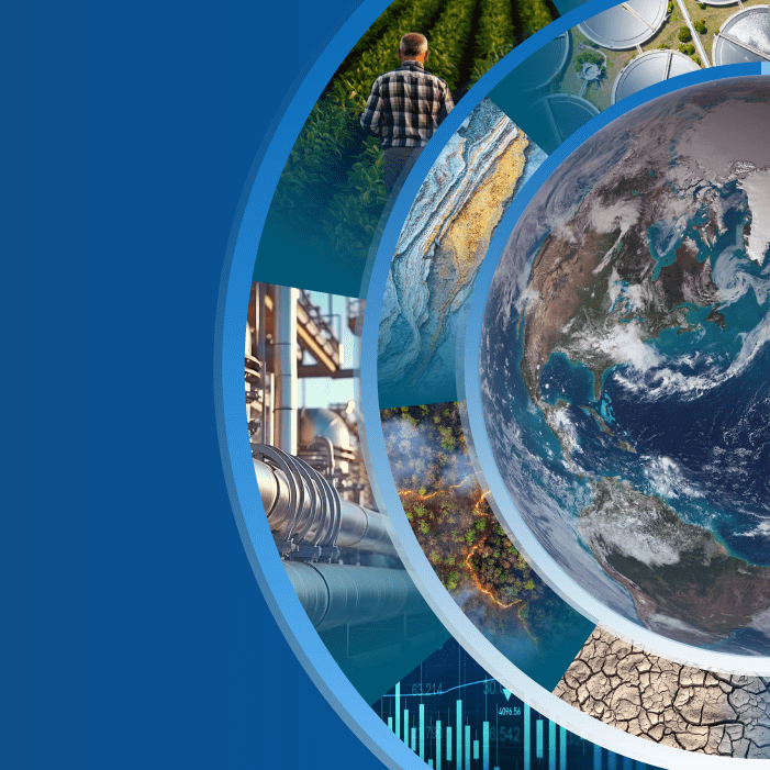 a collage of the Earth with two rings featuring images of different private sectors who use NASA data