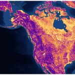 Satellite data map showing 3-km land surface reflectivity across North America. The landmass displays varying reflectivity levels rendered in vibrant shades of bright yellow, orange, pink, and deep purple set against a dark blue background.