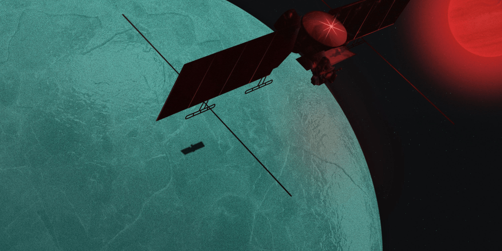 Artists rendering of the Europa Clipper as it passes over Jupiter's moon Europa.